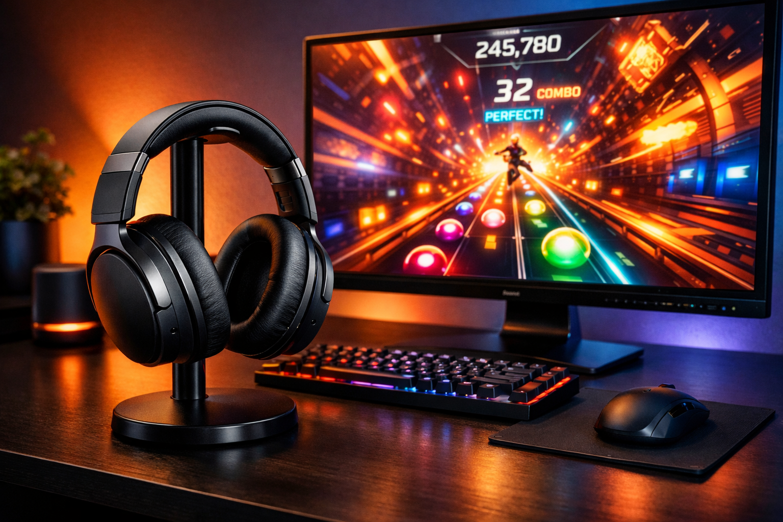 Ratatan setup audio auriculares premium colorful rhythm action game aesthetic