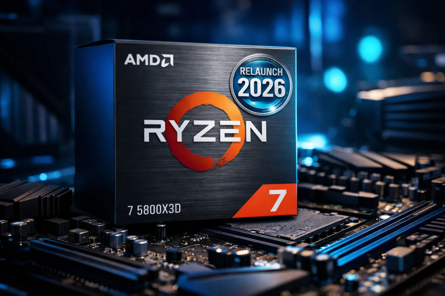 Procesador AMD Ryzen 7 5800X3D en su caja oficial con distintivo de relanzamiento 2026 sobre placa base AM4