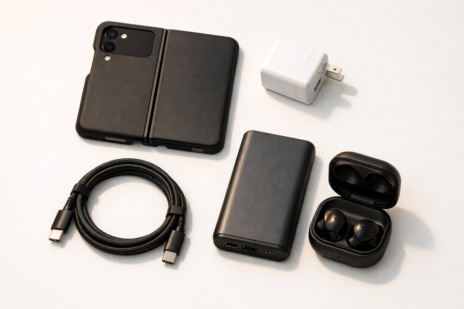 Cargador 45W Samsung, cable USB-C trenzado, powerbank y funda para Galaxy Fold sobre mesa de madera