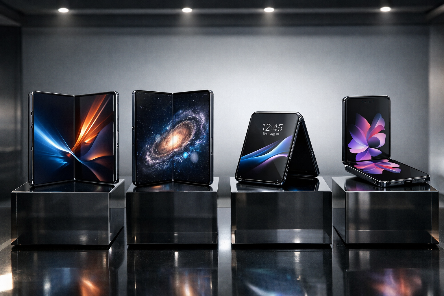 Comparativa lado a lado Galaxy Z Fold 8 Ultra, Fold 8 normal y Flip 8 desplegados sobre superficie de mármol negro