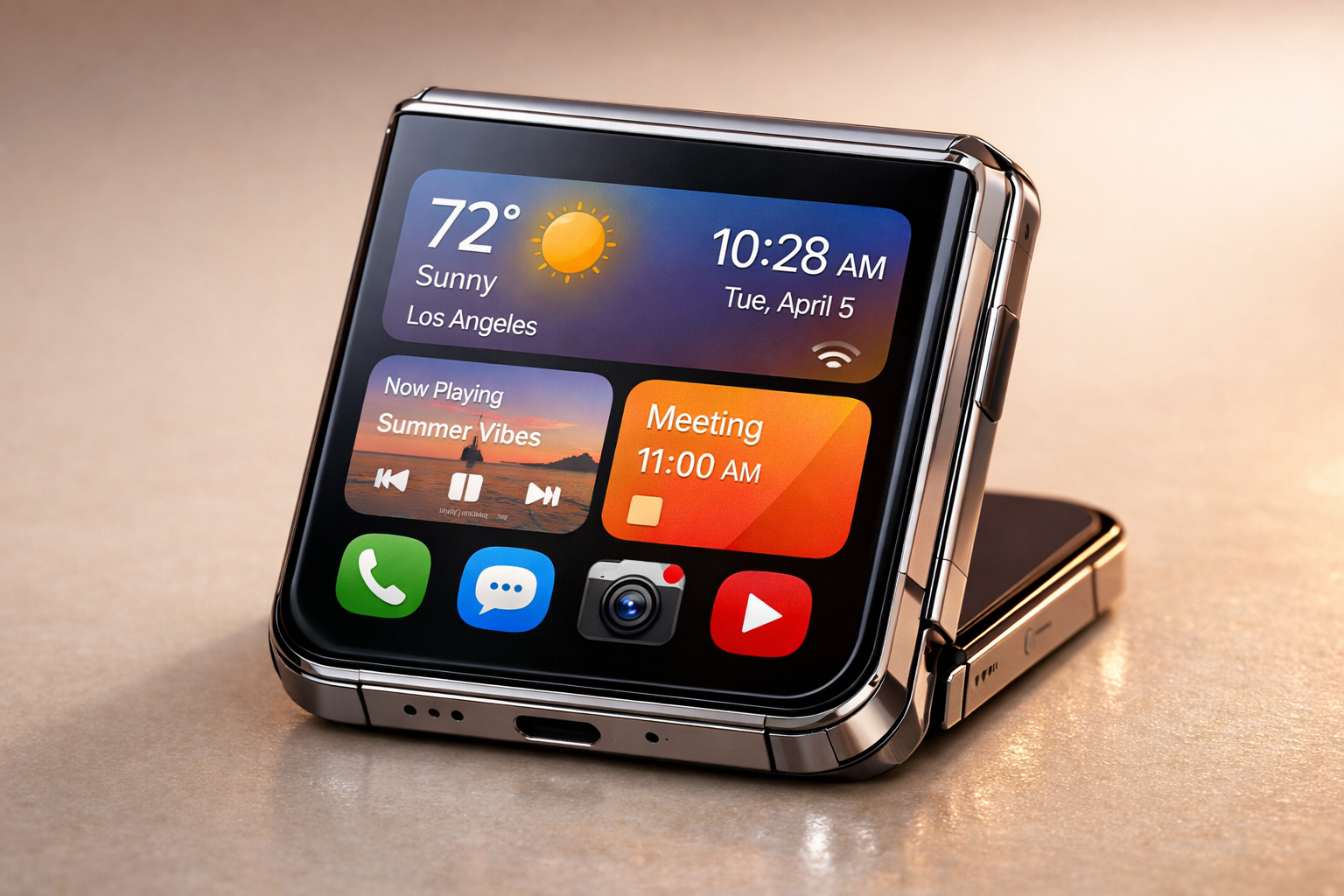 Samsung Galaxy Z Flip 8 cerrado mostrando la pantalla exterior de 4,1 pulgadas con widgets de Now Brief