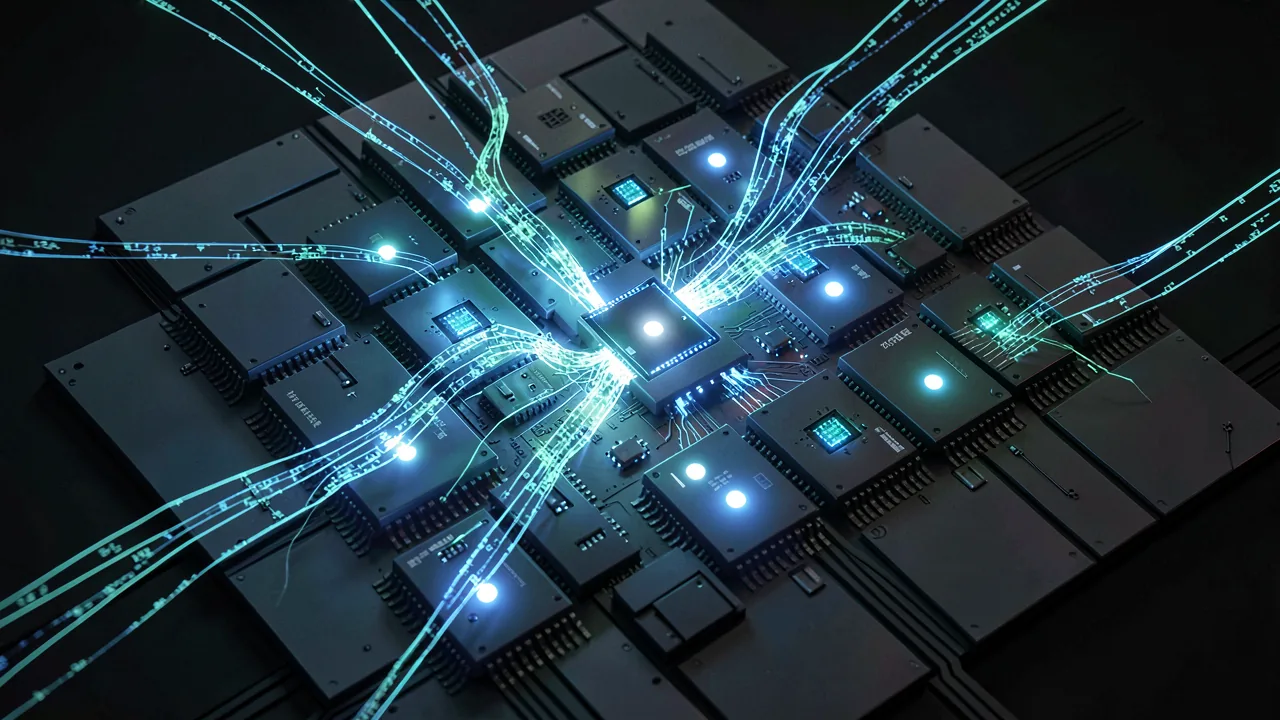 Chip central iluminado en una placa de circuitos con haces de luz azul y verde entrando y saliendo de los módulos de memoria