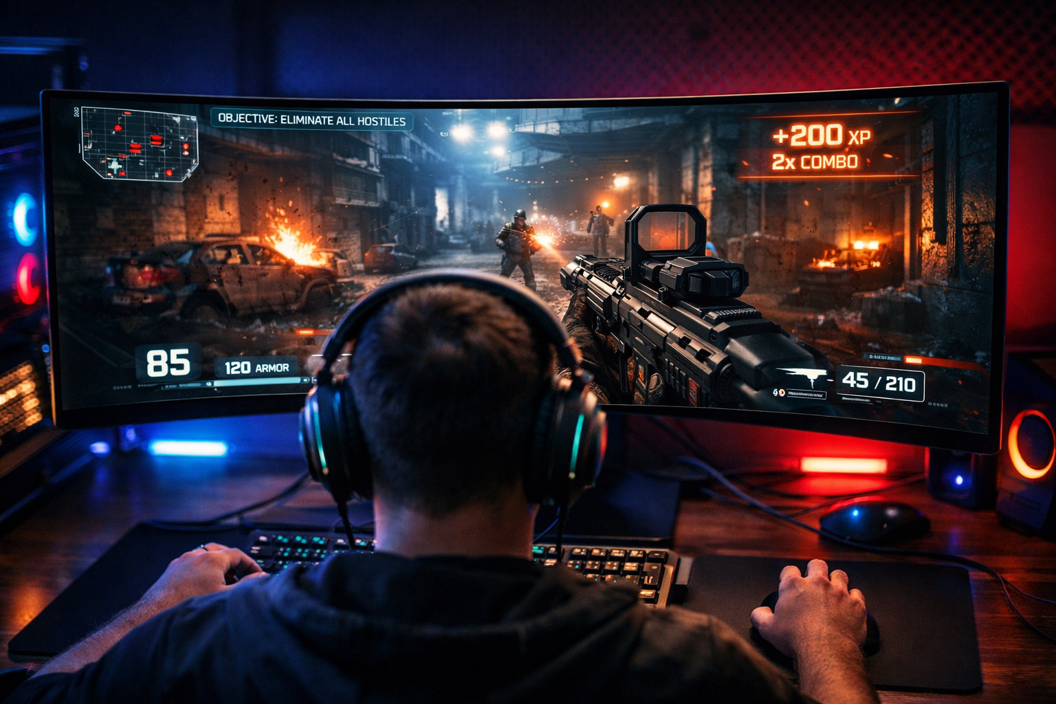 Samsung Odyssey OLED G9 G95SC jugando shooter inmersión ultrawide 32:9