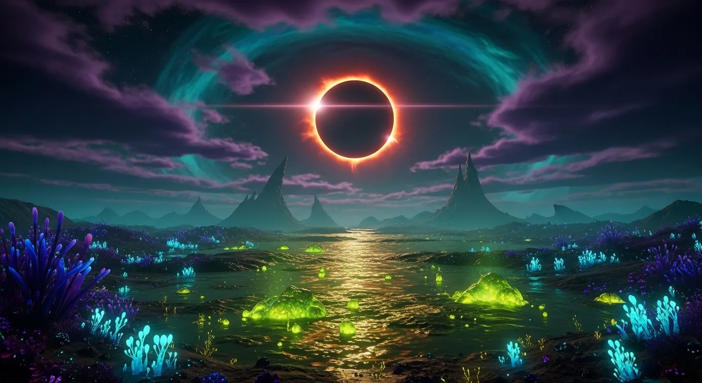 Paisaje alienígena del planeta Carcosa con flora bioluminiscente y eclipse