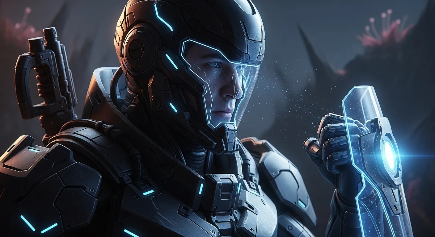 Primer plano de Arjun Devraj con su armadura Soltari