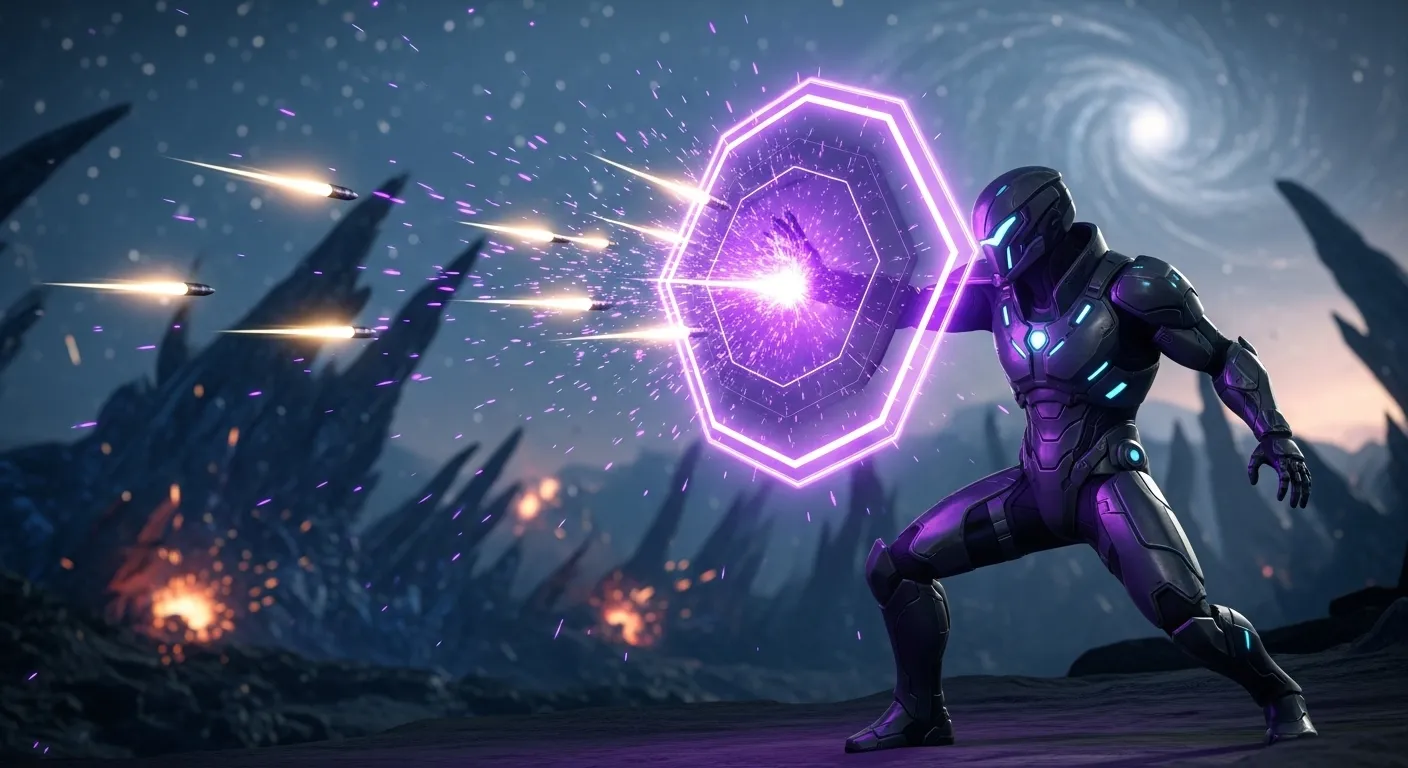 Devraj activando el Escudo Soltari mientras absorbe proyectiles enemigos