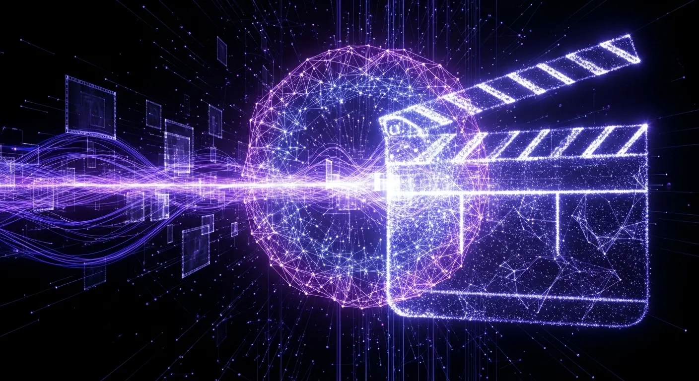 Representación abstracta de inteligencia artificial generando contenido de vídeo con elementos de Hollywood y tecnología