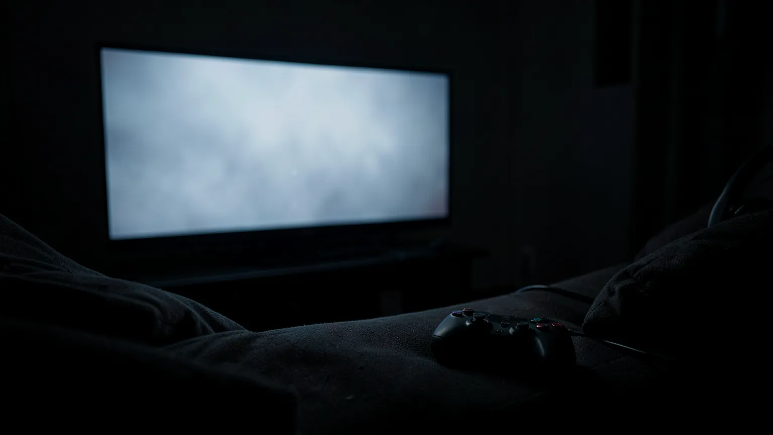 Salón a oscuras iluminado solo por el televisor, con un mando de consola sobre el sofá
