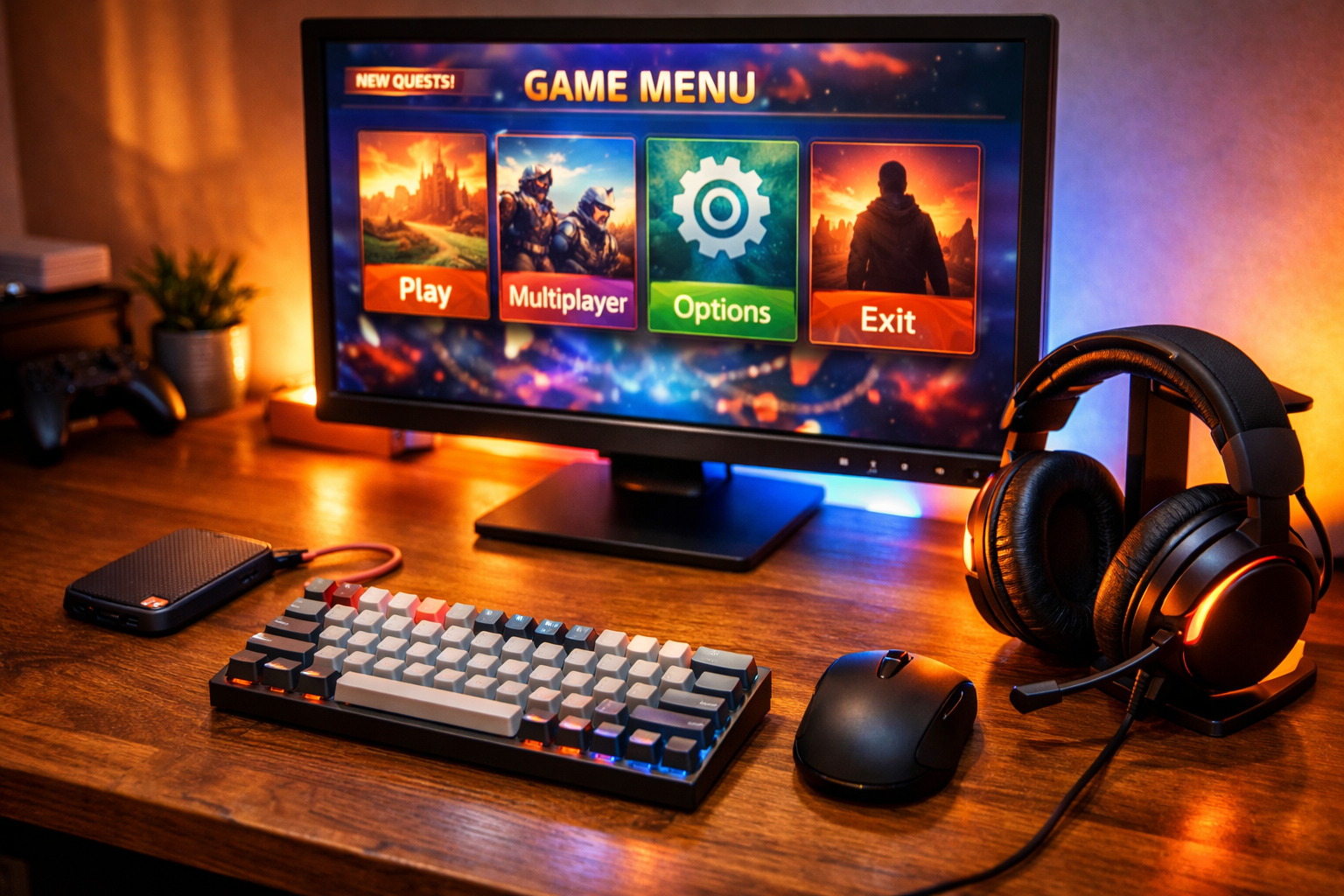 Setup gaming casual para jugar Los Sims 4 con silla ergonomica raton inalambrico teclado bluetooth auriculares con microfono y SSD externo