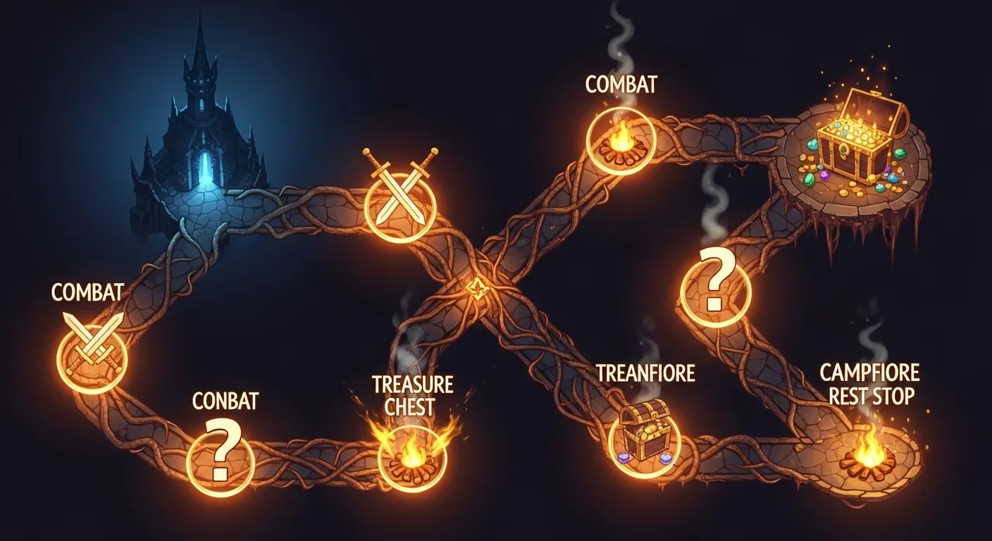 Mapa de selección de ruta en Slay the Spire 2 mostrando los tres actos con nodos de combate, eventos y descanso