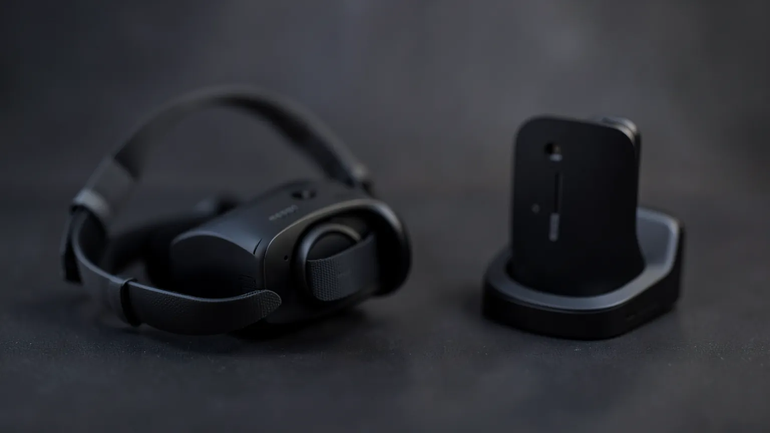 Accesorios de realidad virtual sobre una superficie oscura, correas y soportes con luz suave