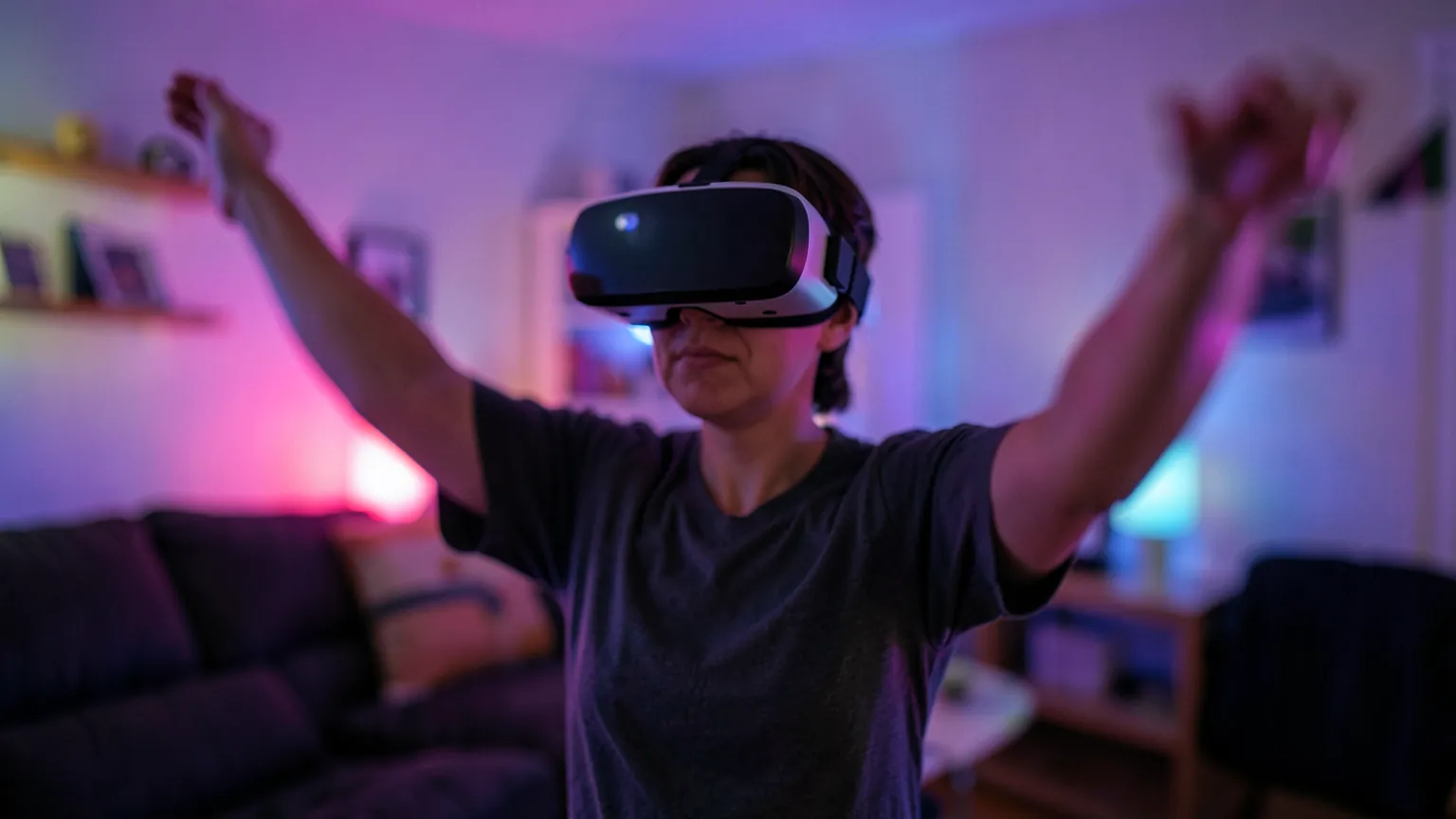 Jugador con gafas de realidad virtual en una sala iluminada por luces de colores