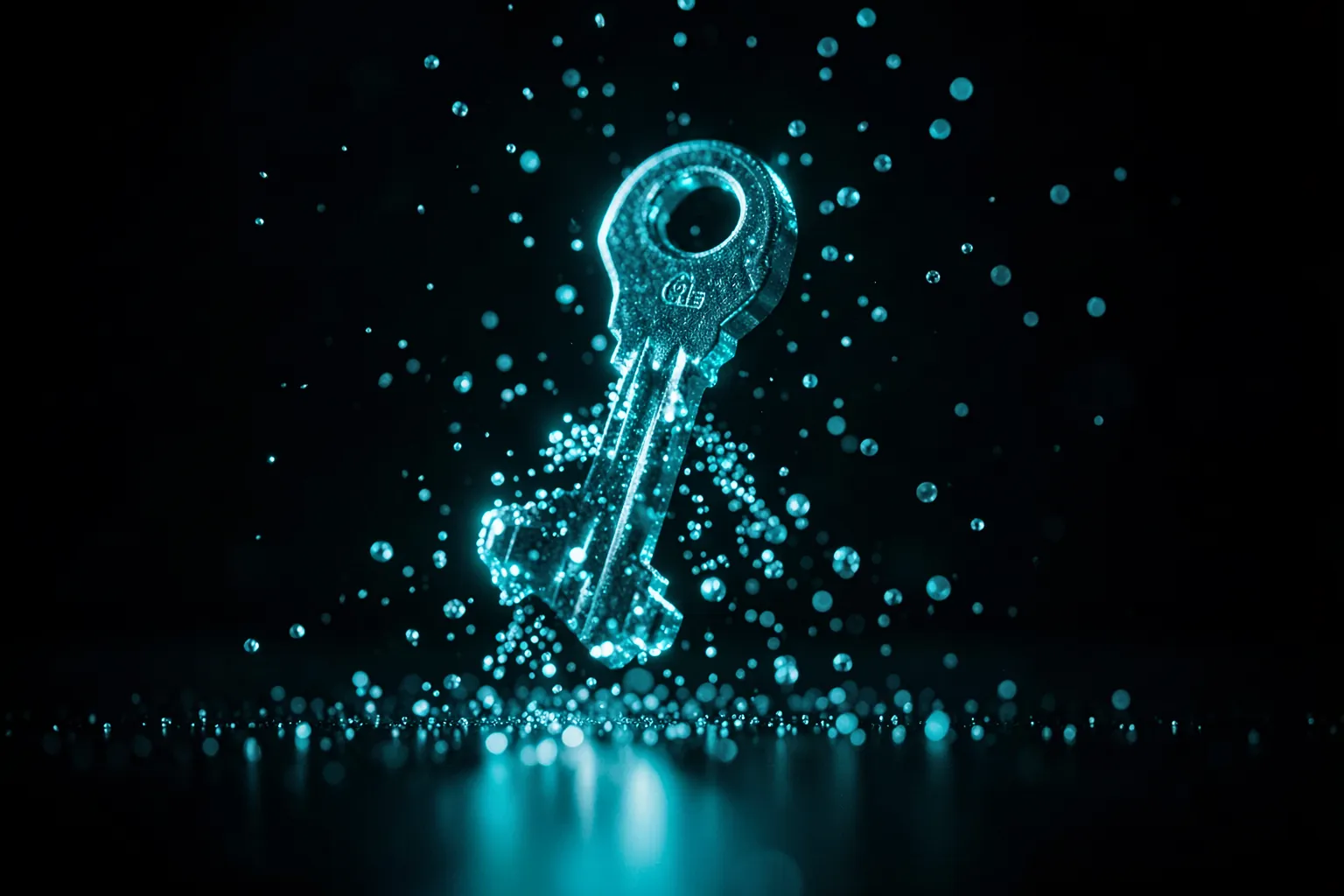 Llave digital luminosa sobre un fondo de código binario