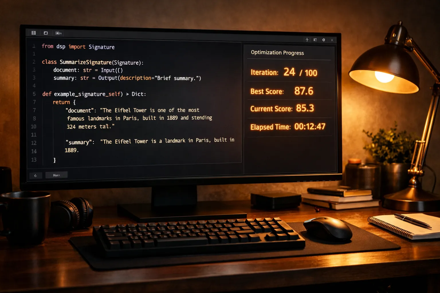 Editor de código Python mostrando una Signature de DSPy con anotaciones tipadas y salida optimizada por MIPROv2