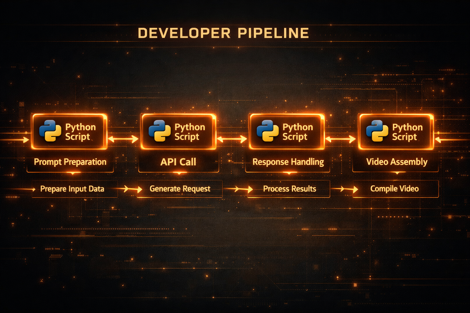 Pipeline Python con FLUX 3 mostrando prompt request polling y descarga del vídeo