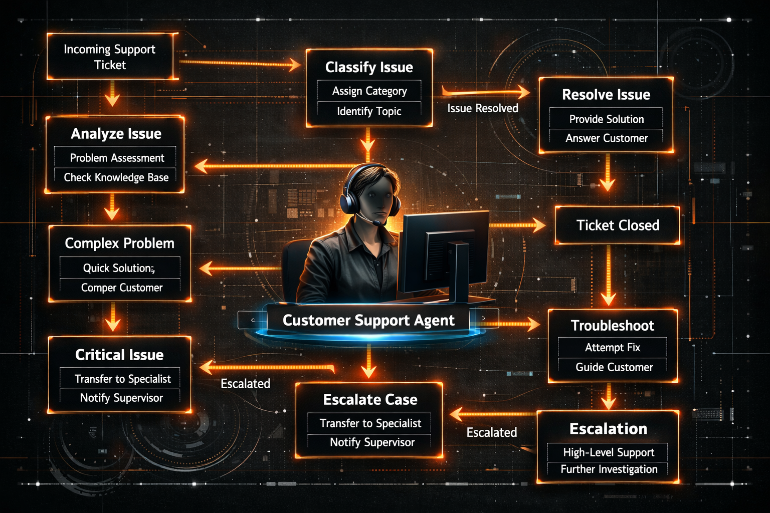 Diagrama del agente customer support completo con LangGraph mostrando clasificar, resolver automaticamente, escalar a humano y guardar en CRM