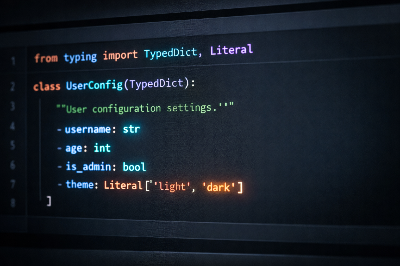 Definición de State tipado con TypedDict en LangGraph, mostrando campos opcionales y literales para un agente de customer support