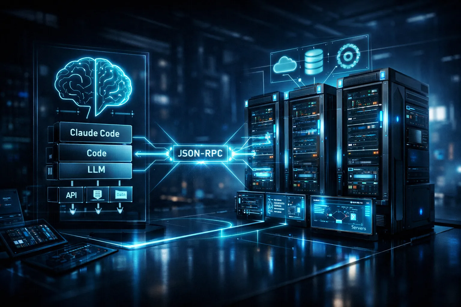 Diagrama de arquitectura de Claude Code y servidores MCP conectados por JSON-RPC