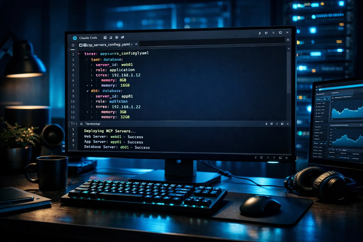 Escritorio de desarrollador con terminal mostrando la configuración de servidores MCP en Claude Code