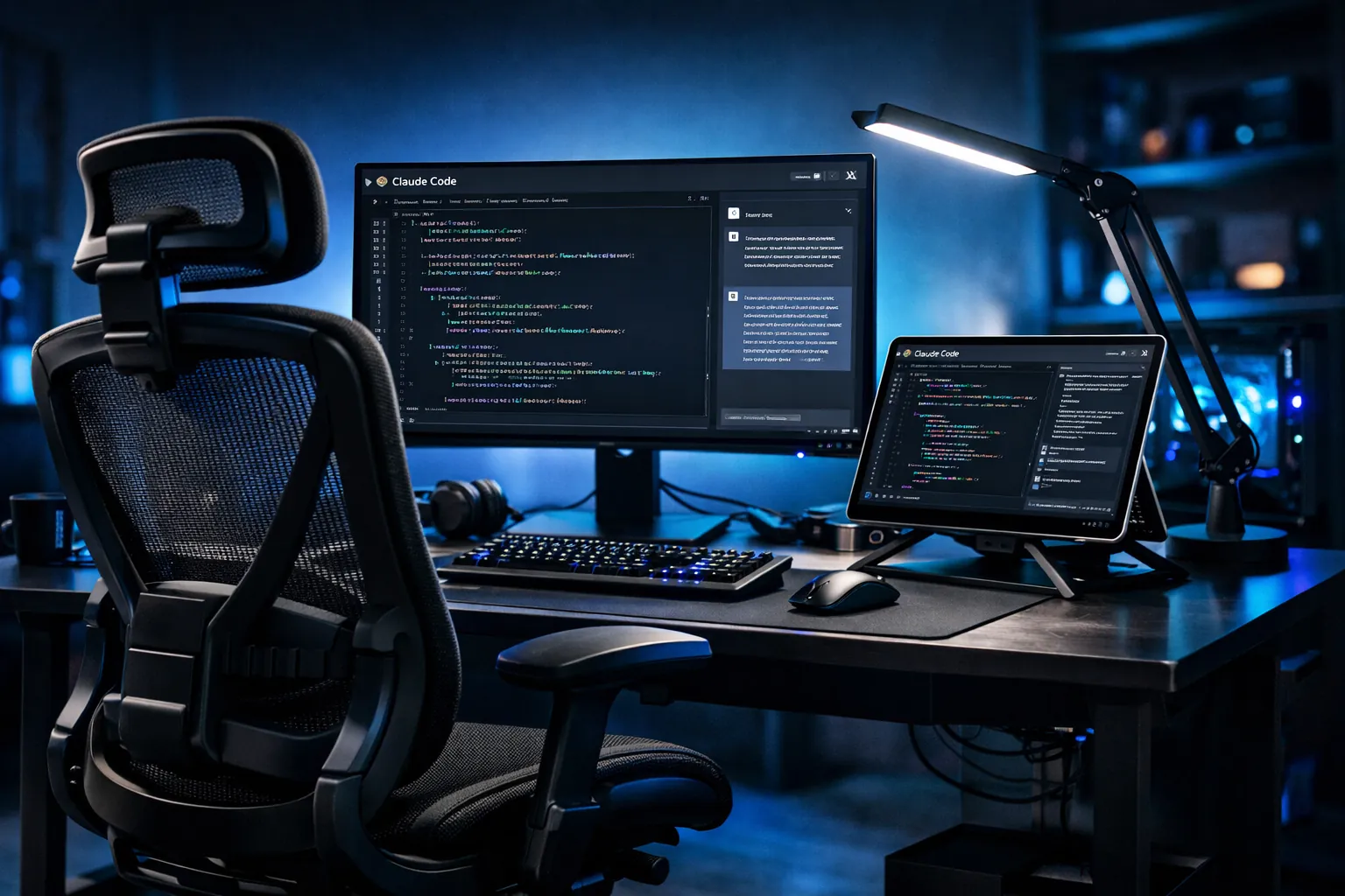 Setup de desarrollador con silla ergonomica y monitor portatil ejecutando Claude Code