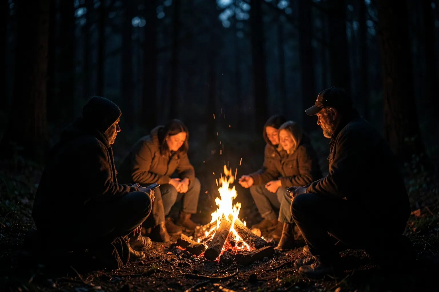 Grupo de figuras alrededor de una hoguera en un campamento nocturno