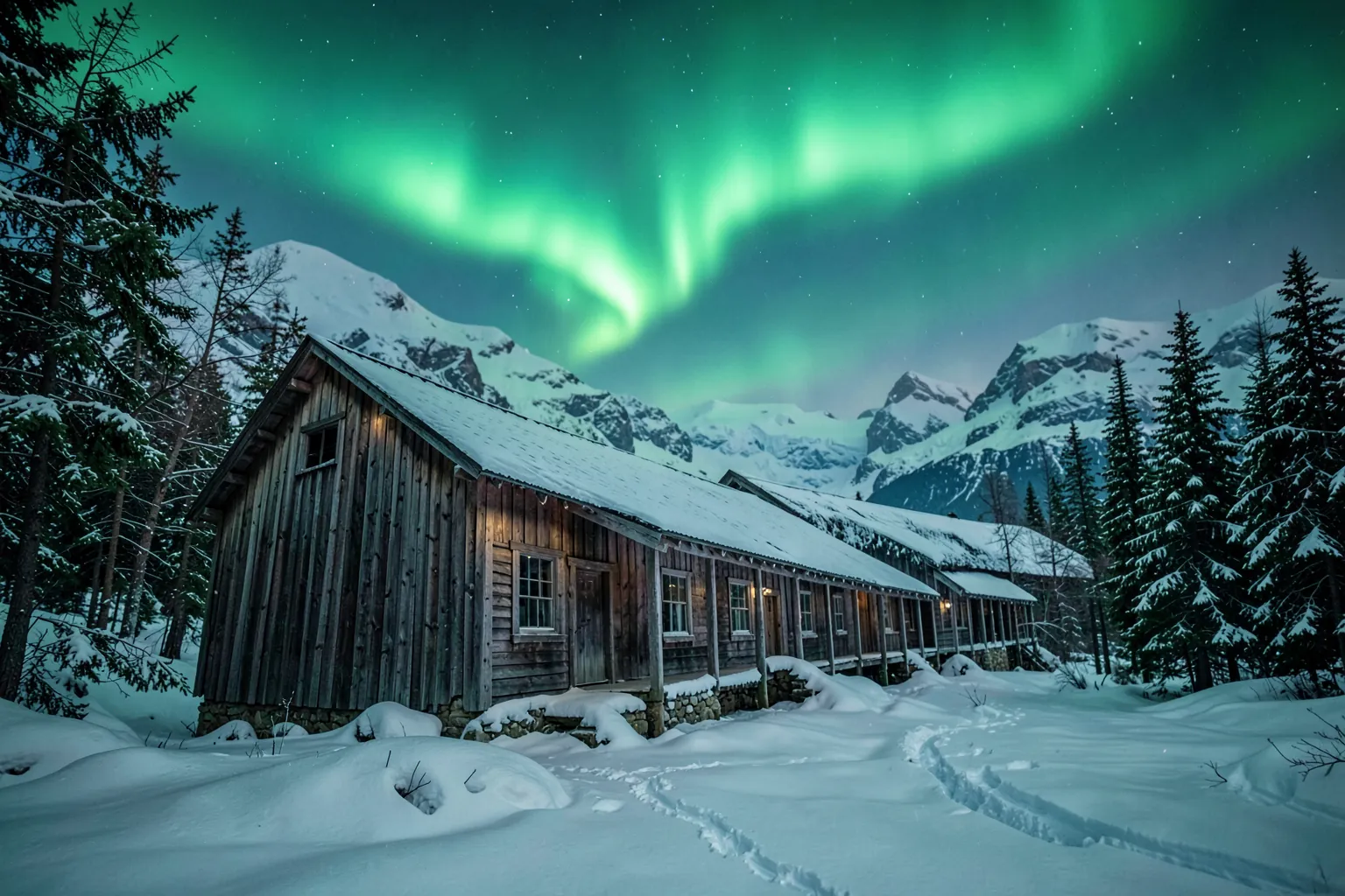 Cabaña de madera junto a un fiordo helado bajo una aurora boreal