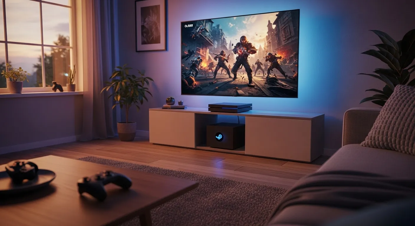 Steam Machine conectada a un televisor en un salón moderno
