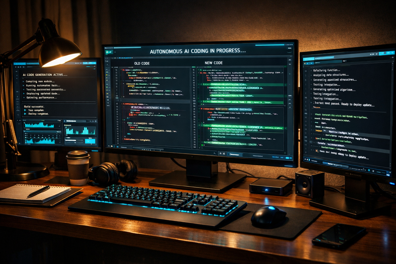 Agente de programación autónomo escribiendo código en un editor con múltiples pantallas y flujos de tareas 2026