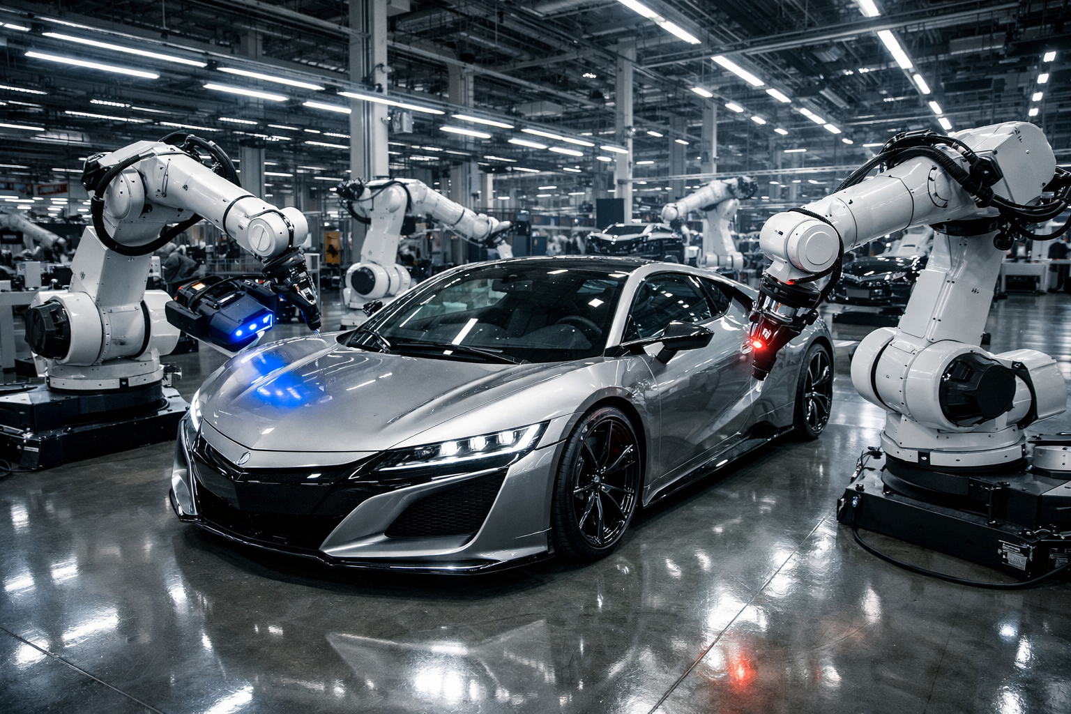 Fábrica de superdeportivos eléctricos con robots aplicando IA multimodal en control de calidad 2026