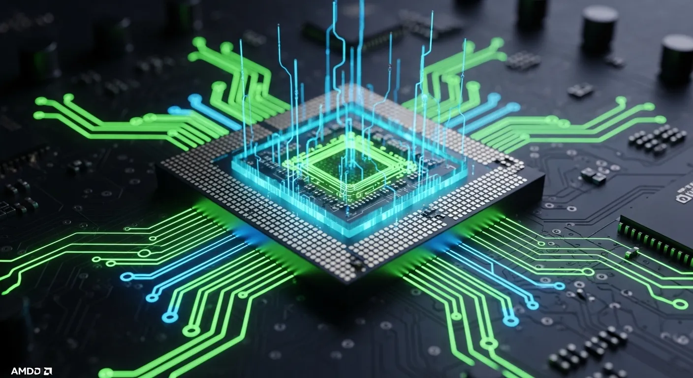 Representación artística del chip SoC AMD RDNA 5 de Project Helix con circuitos iluminados