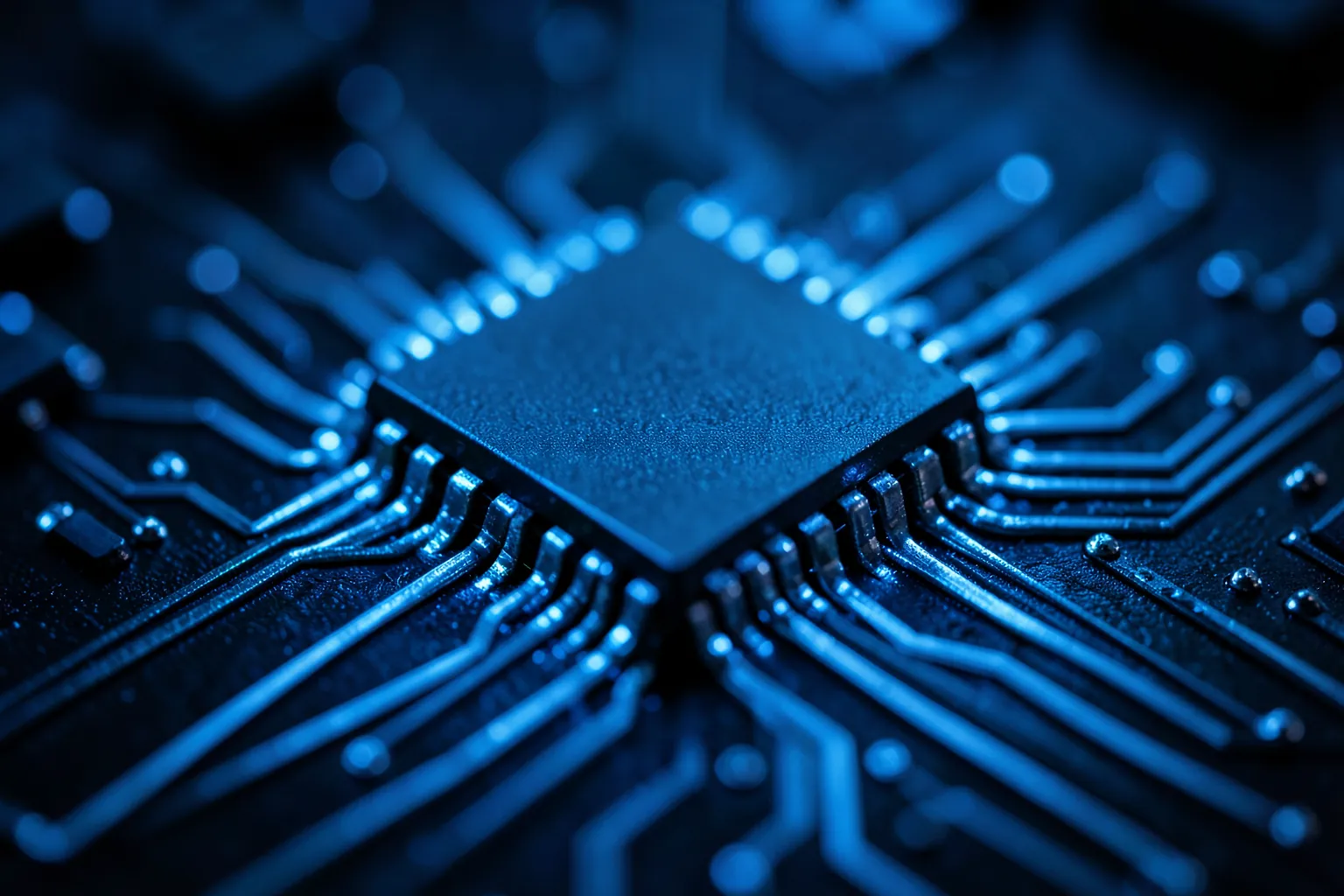 Chip de silicio iluminado sobre una placa con circuitos visibles