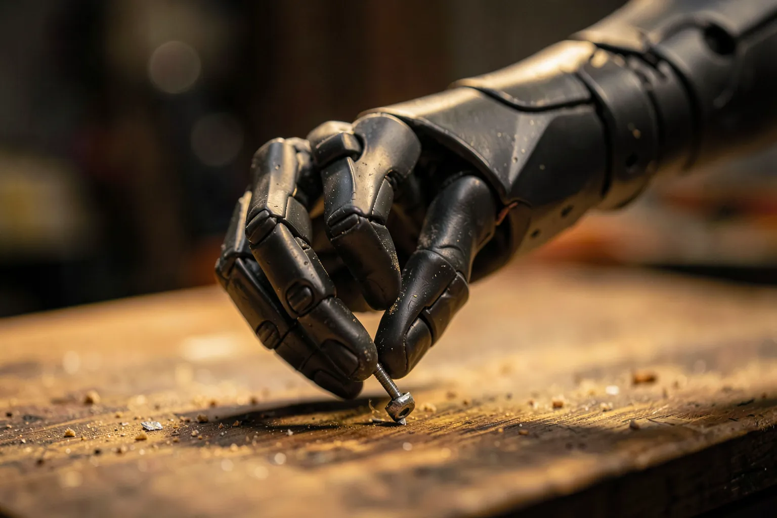 Mano robotica articulada manipulando un objeto pequeño sobre una mesa