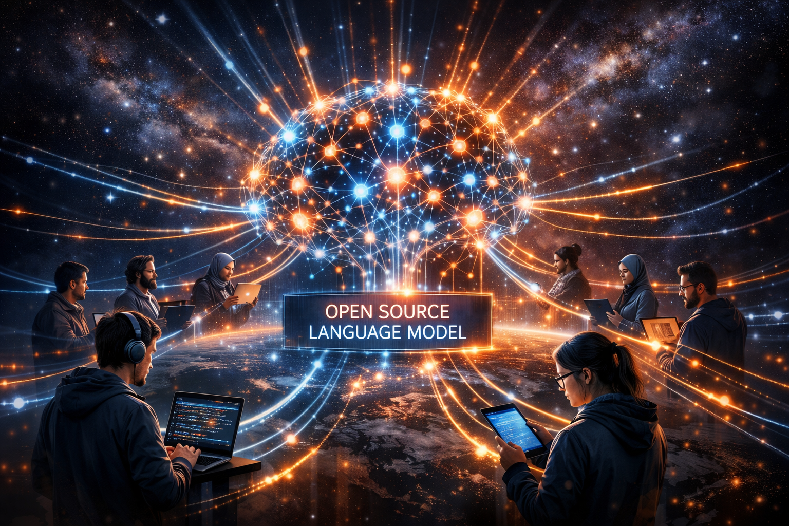 Concept art de un modelo de lenguaje open source distribuido con pesos abiertos y comunidad global