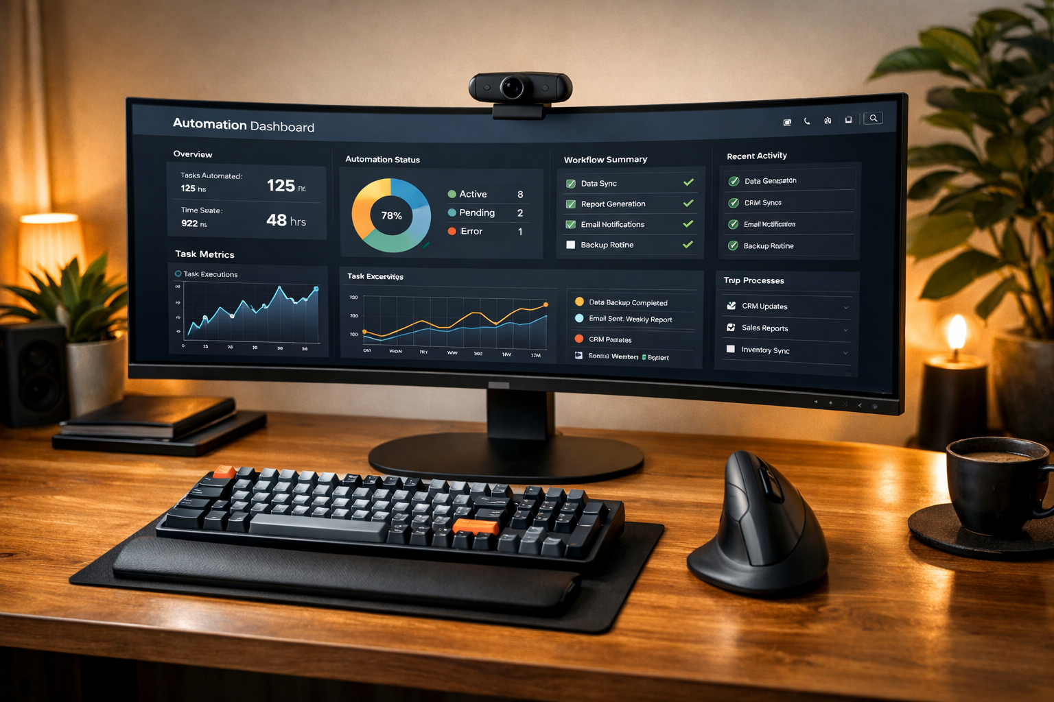 Setup productividad monitor ultrawide teclado ergonómico para trabajar con agentes IA